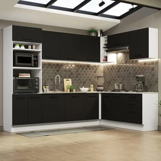 Cozinha Completa de Canto Madesa Agata 479001 com Armário e Balcão (Sem Tampo e Pia) - Branco/Preto em Oferta na Shopee