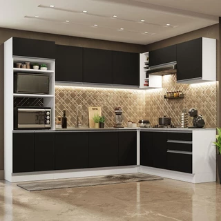 Cozinha Completa de Canto Madesa Glamy 479001 com Armário e Balcão (Sem Tampo e Pia) - Branco/Preto em Oferta na Shopee