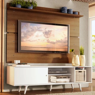Rack Madesa Dubai e Painel para TV até 65 Polegadas com Pés - Branco/Rustic 096E em Oferta na Shopee