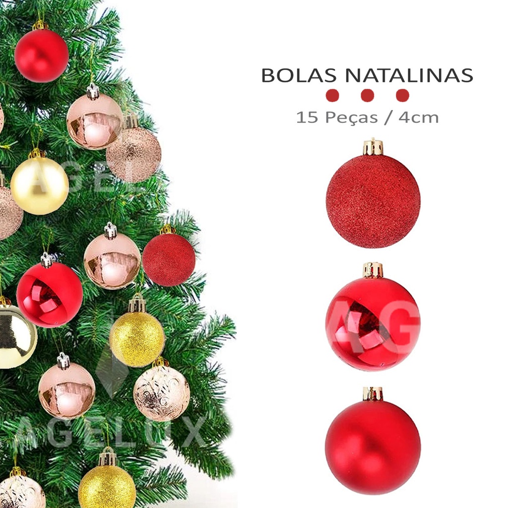 Kit 15 Bolinha De Natal Enfeite Natalino Vermelha 4cm