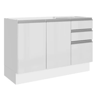 Balcão Gabinete de Pia Armário de Cozinha 100% MDF 120 cm 3 Portas e 2 Gavetas Portas Branco Brilho Acordes Madesa
