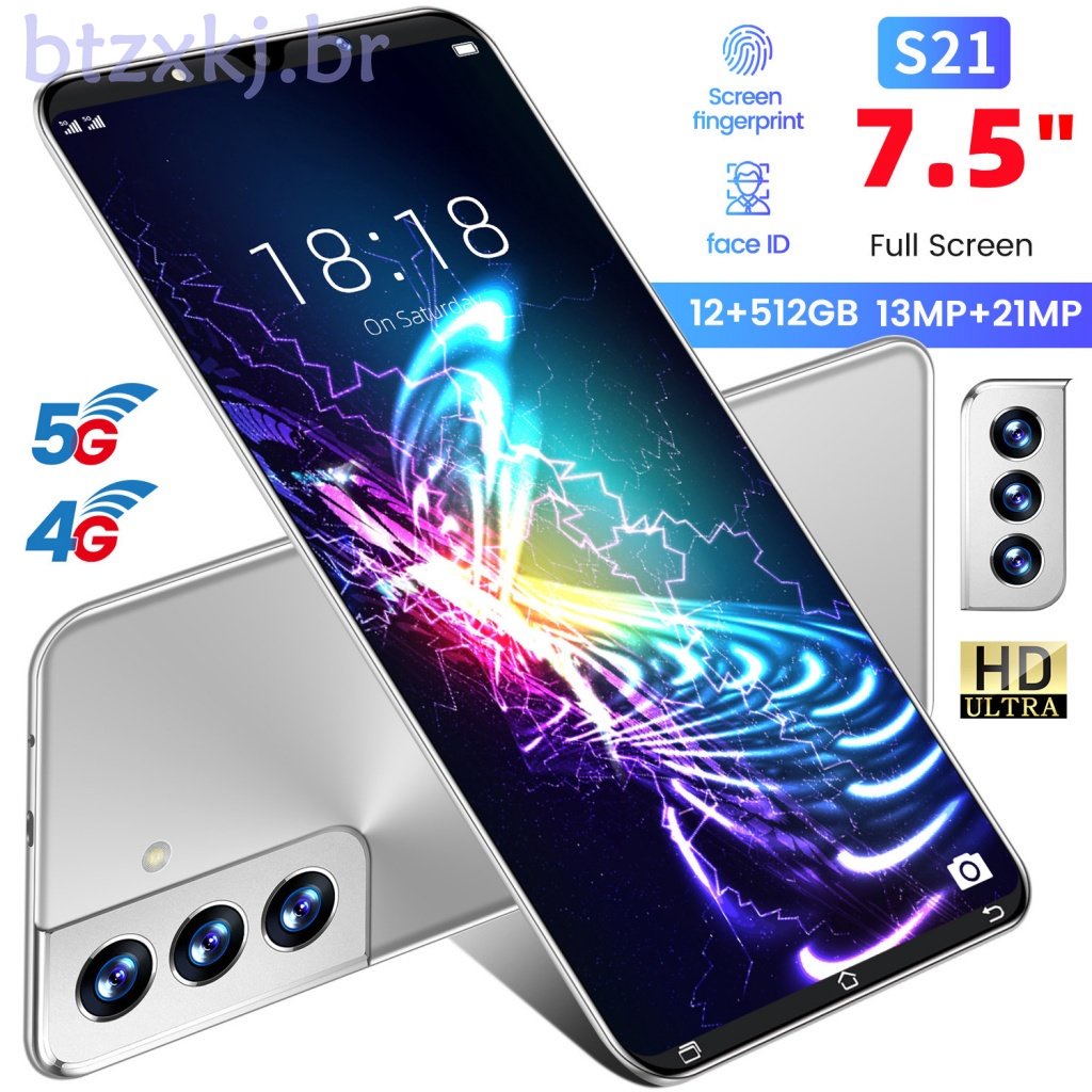Btzxkkj.br S21 Telefone Celular Original 7.5'Tela Cheia 8 12 256G 512GB 5G Smartphone 5G Dual Sim Android 11 Câmera Barata