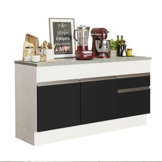 Balcão de Pia Madesa Glamy 150 cm 2 Portas e 2 Gavetas (Com Tampo) - Branco/Preto