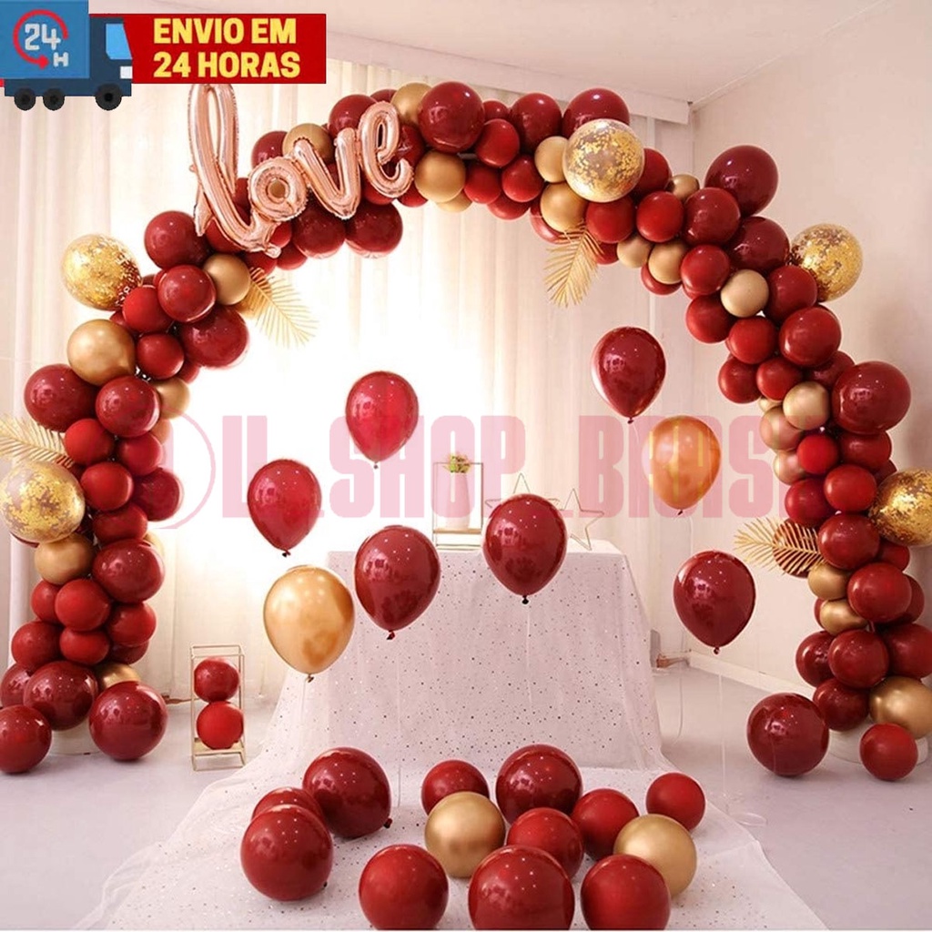 Kit 50 Balões Vermelho + 25 Cromados Dourado Número 5 Para Festas e Aniversários