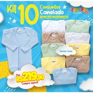 Kit 20 Peças Body e Calça Bebê Canelado 100% Algodão Longo