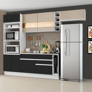 Cozinha Completa Madesa Safira com Armário e Balcão (Sem Tampo e Pia) - Branco/Preto/Crema em Oferta na Shopee
