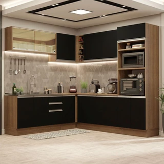 Cozinha Completa de Canto Madesa Glamy 459001 com Armário e Balcão (Sem Tampo e Pia) - Rustic/Preto