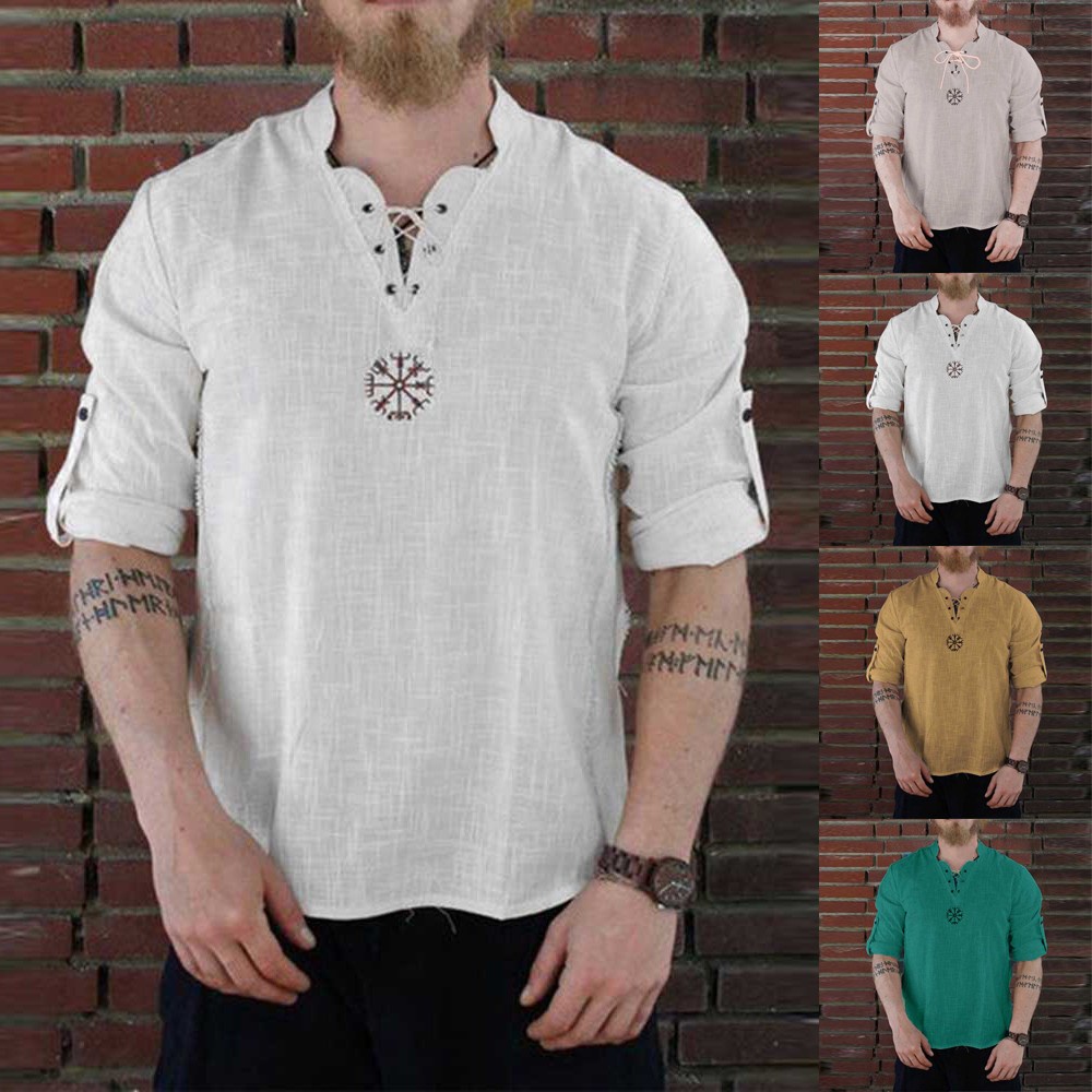 2023 Novo Estilo Alta Qualidade Camisa De Linho Pirata Viking Medieval Homens Camiseta Nórdica Cosplay Lace-Up Tee