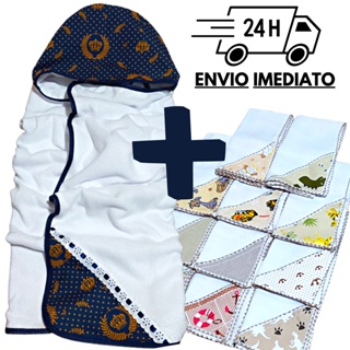 Toalha de Banho Bebe Dupla Camada com Capuz e Forro Fralda + 6 Pano de Boca Bebe Dupla Camada Estampado 100% Algodão