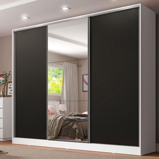 Guarda Roupa Casal 100% MDF Madesa Royale 3 Portas de Correr com Espelho - Branco/Preto