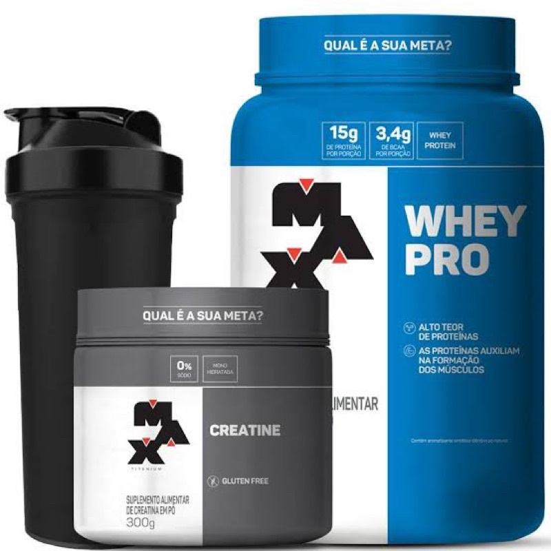 Whey Pro Concentrado 1kg + Creatina Pura 150g + Coqueteleira – Max Titanium