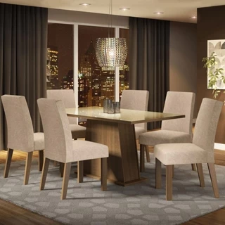 Conjunto Sala de Jantar Madesa Patricia Mesa Tampo de Vidro com 6 Cadeiras - Rustic/Crema/Imperial em Oferta na Shopee