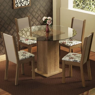 Conjunto Sala de Jantar Madesa Nanda Mesa Tampo Vidro Redondo 4 Cadeiras - Rustic/Crema/Hibiscos em Oferta na Shopee