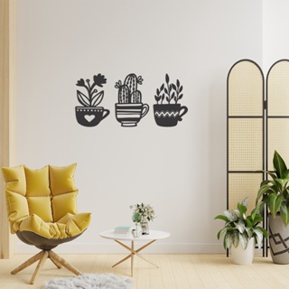 Quadro Decorativo Cactos Xícaras MDF Preto Fosco em Promoção na