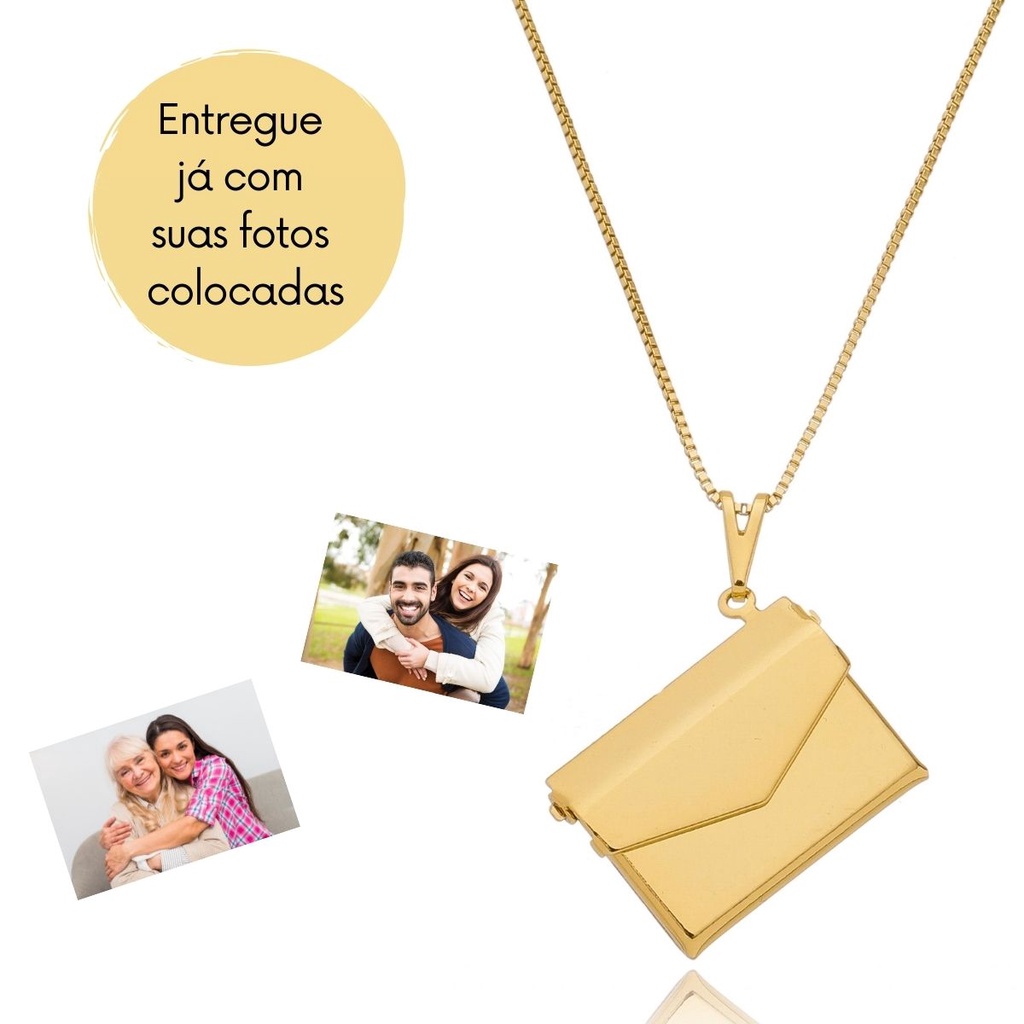 Colar pingente relicario envelope carta cartinha para colocar fotos com fotos inclusas