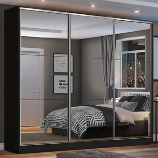 Guarda Roupa Casal 100% MDF Madesa Zurique 3 Portas de Correr de Espelho - Preto em Oferta na Shopee