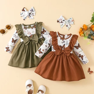 Vestido De Bebê Menina Recém-Nascidos 3-24 Meses Moda Manga Longa Laço Floral Fofo E Borboleta Estampa Vestidos De Princesa Infantil