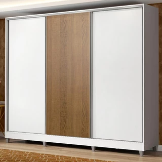 Guarda Roupa Casal 100% MDF Madesa Zurique 3 Portas de Correr com Pés - Branco/Branco/Rustic em Oferta na Shopee
