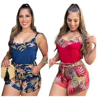 Conjunto Feminino Blusa lisa + Short Estampado M G GG Plus size