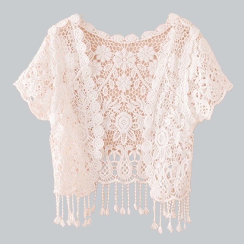 Jew Womens Open Front Tassels Lace Crop Cardigan Sheer Floral