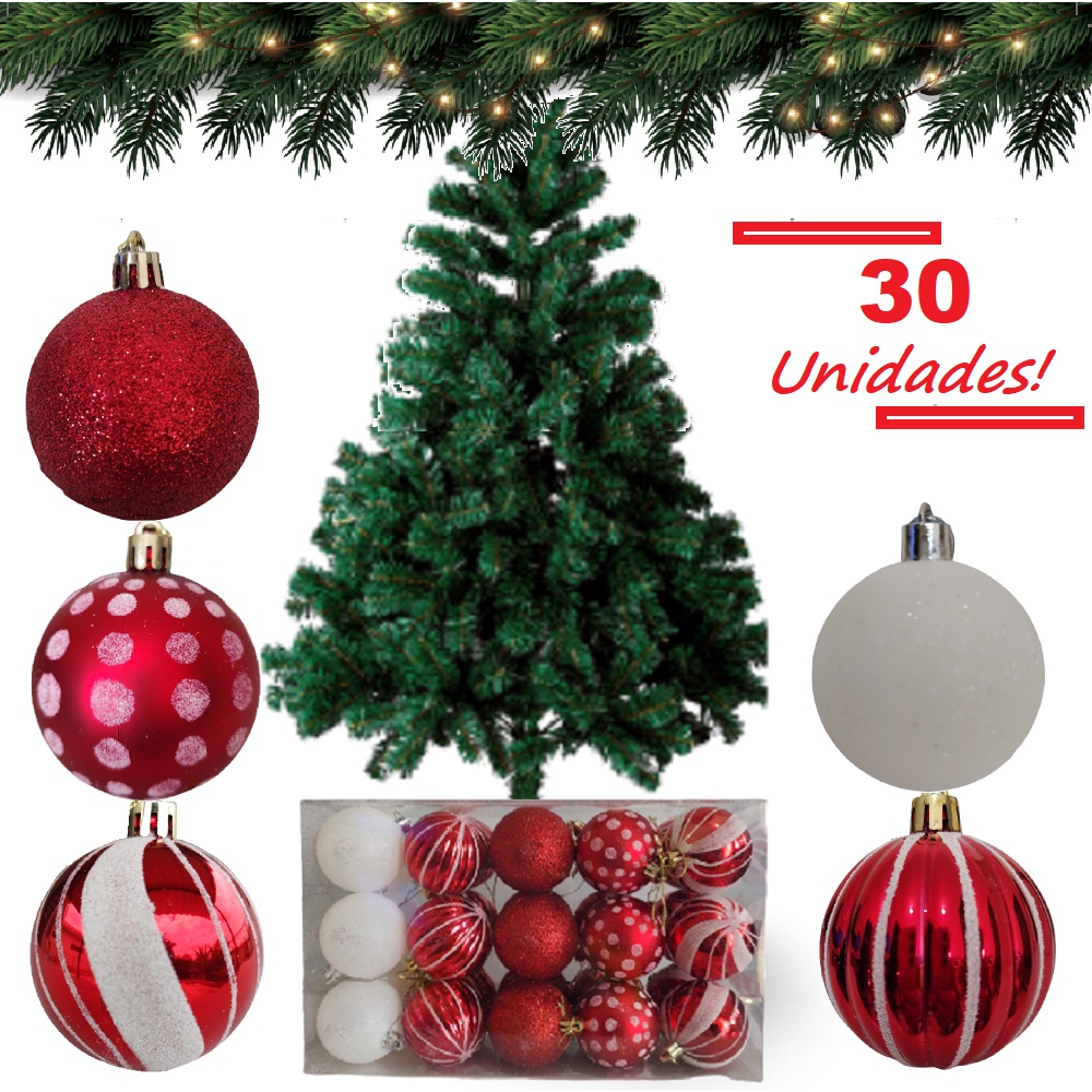 Kit 30 Bolas Natalina Pendente Decoradas Vermelha Branca Glitter 6 Cm
