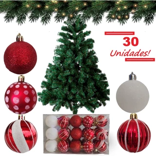 Kit 30 Bolas Natalina Pendente Decoradas Vermelha Branca Glitter 6 Cm