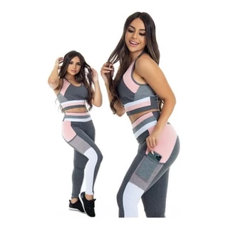 Conjunto Top E Legging Fitness C/ Tela E Bolso C79
