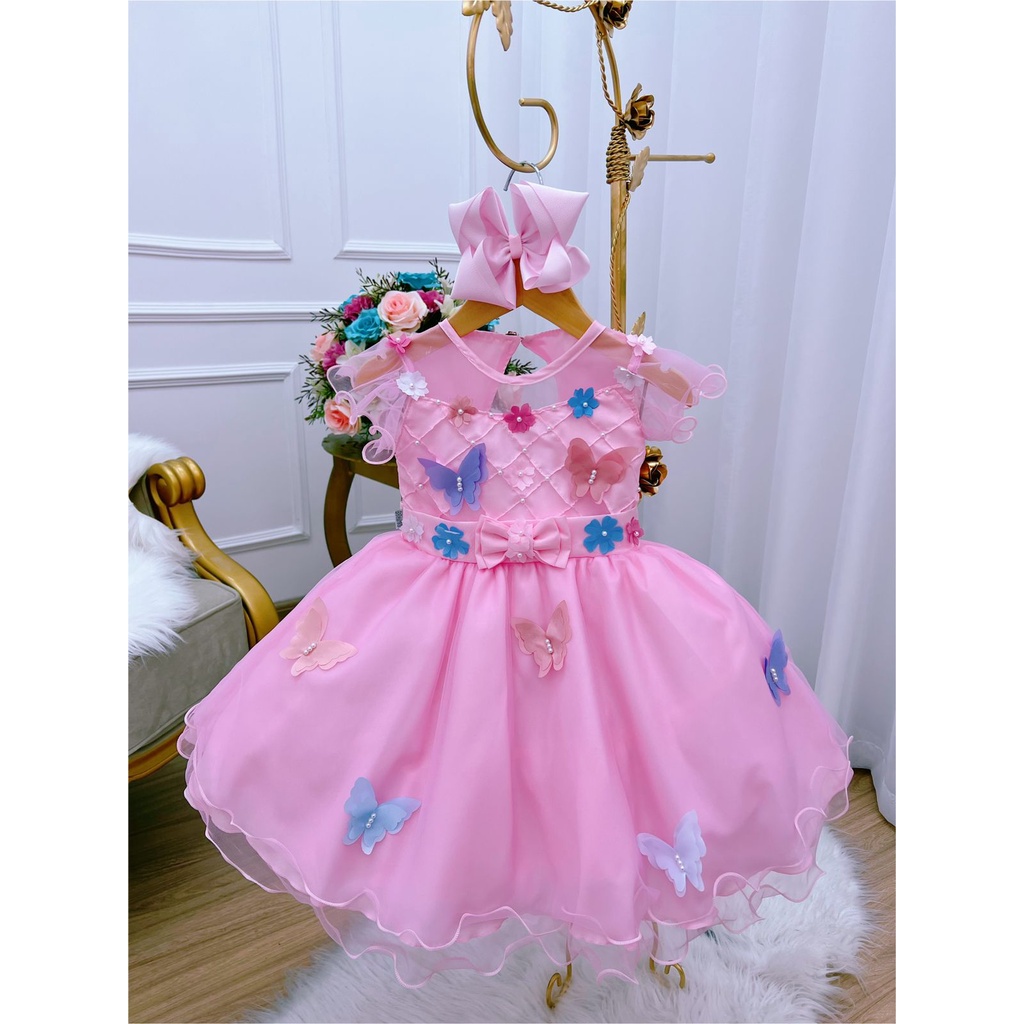 Vestido infantil Princesa Jardim Encantado Rosa c/ borboleta