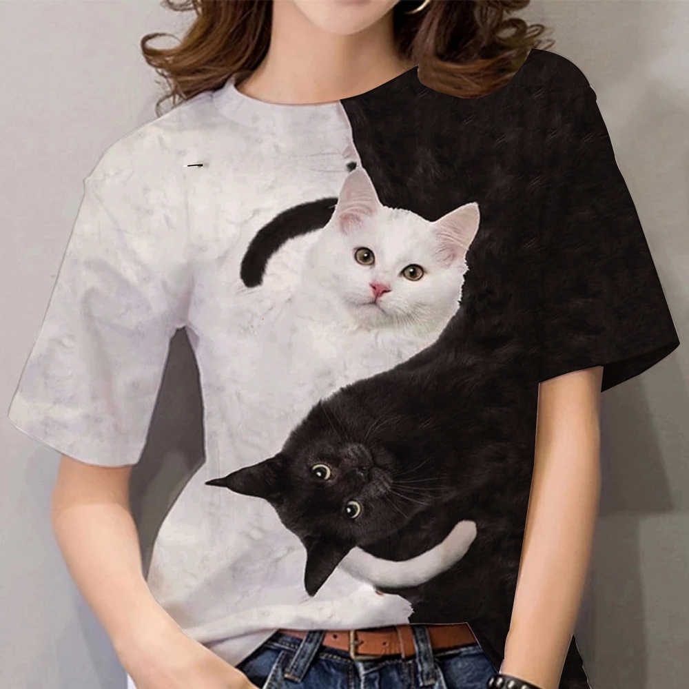 Compra online de Camiseta feminina com estampa de gatos 3d, moda