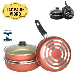Conjunto Kit de Frigideiras 3 Peças N18 20 22 Antiaderente Preta ou Vermelha Com Tampa de Vidro