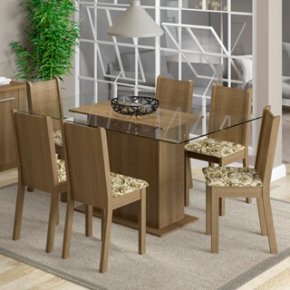 Conjunto Sala de Jantar Madesa Molly Mesa Tampo de Vidro com 6 Cadeiras - Rustic/Lírio Bege