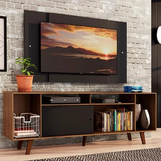 Rack Madesa Cancun e Painel para TV até 58 Polegadas com Pés - Preto/Rustic 7KD8 em Oferta na Shopee