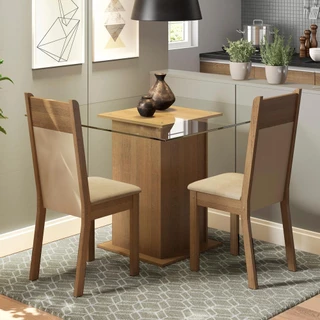 Conjunto Sala de Jantar Madesa Moni Mesa Tampo de Vidro com 2 Cadeiras - Rustic/Crema/Pérola