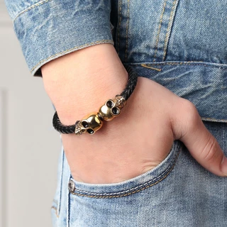 Moda Couro Genuíno Punk Skull Man Pulseiras E bangles Jóias