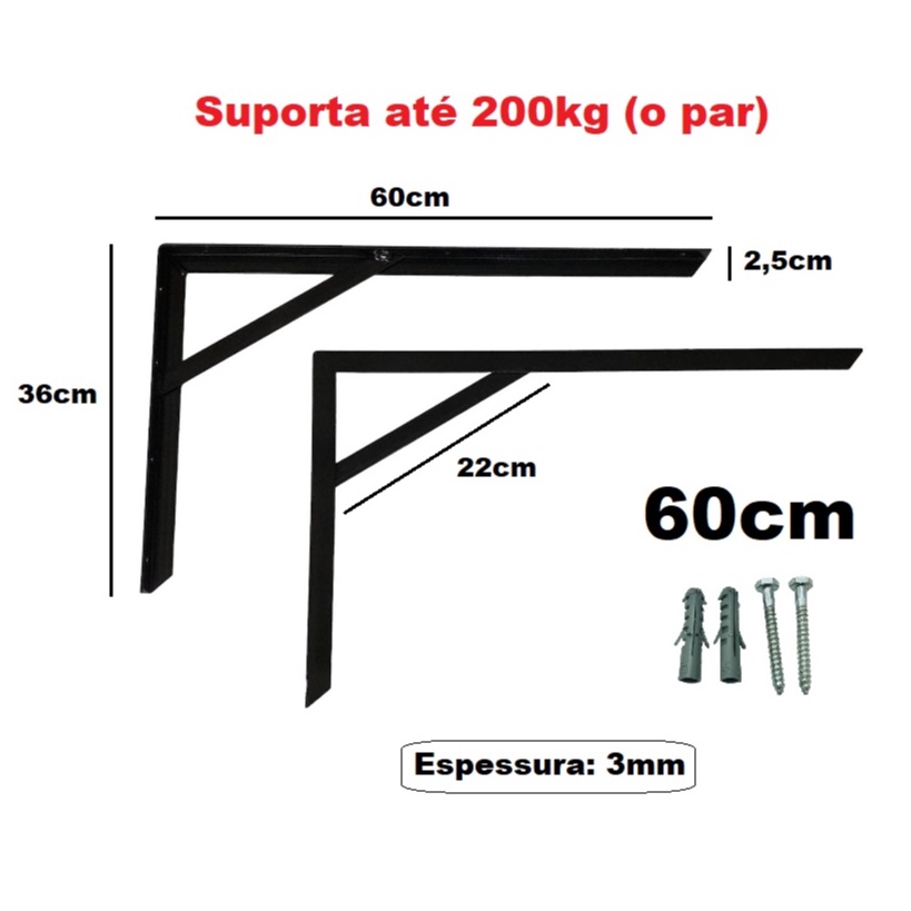 Kit 2 Peças Suporte Mão Francesa Cantoneira Reforçada 60cm Preta com Parafuso e Bucha