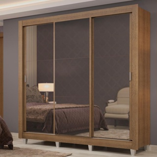 Guarda Roupa Casal Madesa Lyon Plus 3 Portas de Correr de Espelho 4 Gavetas com Pés - Rustic