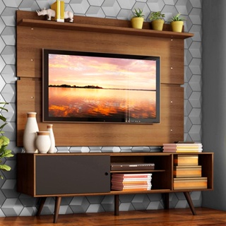 Rack Madesa Cairo e Painel para TV até 65 Polegadas com Pés de Madeira - Rustic/Preto/Rustic