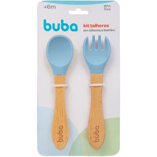 Kit Talheres Azul Infantil De Silicone E Bambu 15825 - Buba
