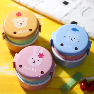 Lancheira Fofa De Animal Japonesa De Dupla Camada Redonda Mini Bento Caixa De Frutas Infantis Infantil Microondas 540ml