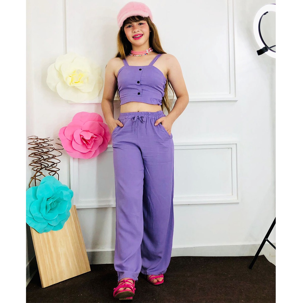 Conjunto Calça Infantil Juvenil Com Blusa Cropped Alça Luxo