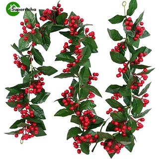 2m Vinha Artificial De Folha De Holly E Bagas Vermelhas Falsas Creeper Verde De Natal Rattan DIY Garland Grinalda Ornamentos Pendurados Decoração De Casa