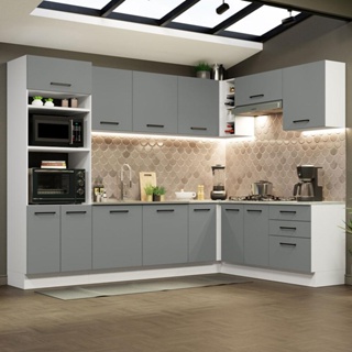Cozinha Completa de Canto Madesa Agata 479001 com Armário e Balcão (Sem Tampo e Pia) - Branco/Cinza