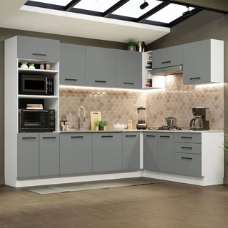 Cozinha Completa de Canto Madesa Agata 479001 com Armário e Balcão (Sem Tampo e Pia) - Branco/Cinza em Oferta na Shopee