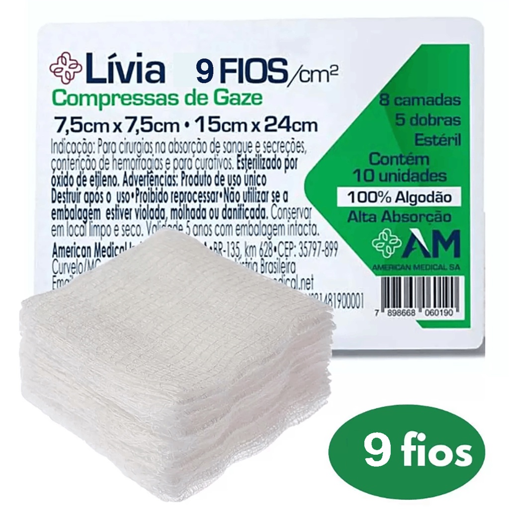 Compressa de Gaze Estéril Curativo Bandagem 09 fios 7,5x7,5 Cm Pacote com 10 Compressas