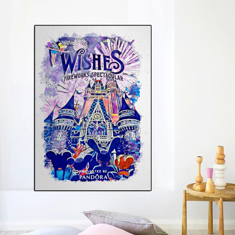 Desenho Animado Disneyland Aquarela Mickey Mouse Canvas Pintura Disney Princess Castle Pôster E Impressão De Arte De Parede Decoração De Quarto Infantil