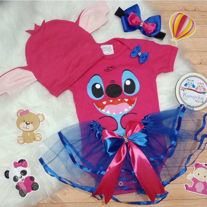 Body Bebê Temático Lilo Stitch Menina - Kit Mesversário Opcional