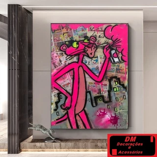Quadros Decorativos Pantera Cor de Rosa Grafitti Art Pop 70x50 cm