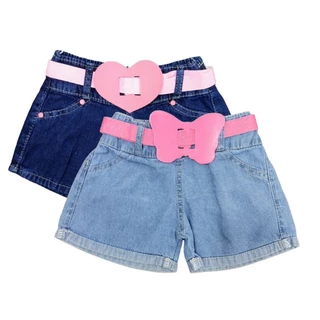 KIT 2 SHORTS INFANTIL FEMININO MENINA JEANS COM CINTO 1 A 5 ANOS
