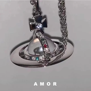 vivienne Oeste De Madeira Saturn Pingente Punk Hip Hop Glass Bead Cor Colar De Diamante Retro Personalidade Corrente De Suéter