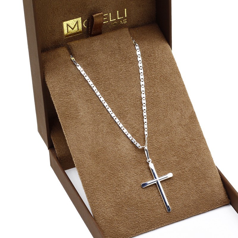 Corrente De Prata 925 Masculina Piastrine 60cm Pingente Crucifixo liso